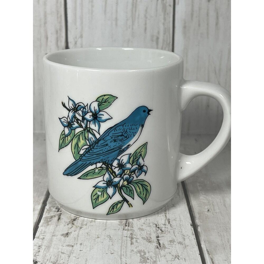 Bluebird Dogwood Flowers Porcelain Coffee Tea Cup Mug - Picture 1 of 4
